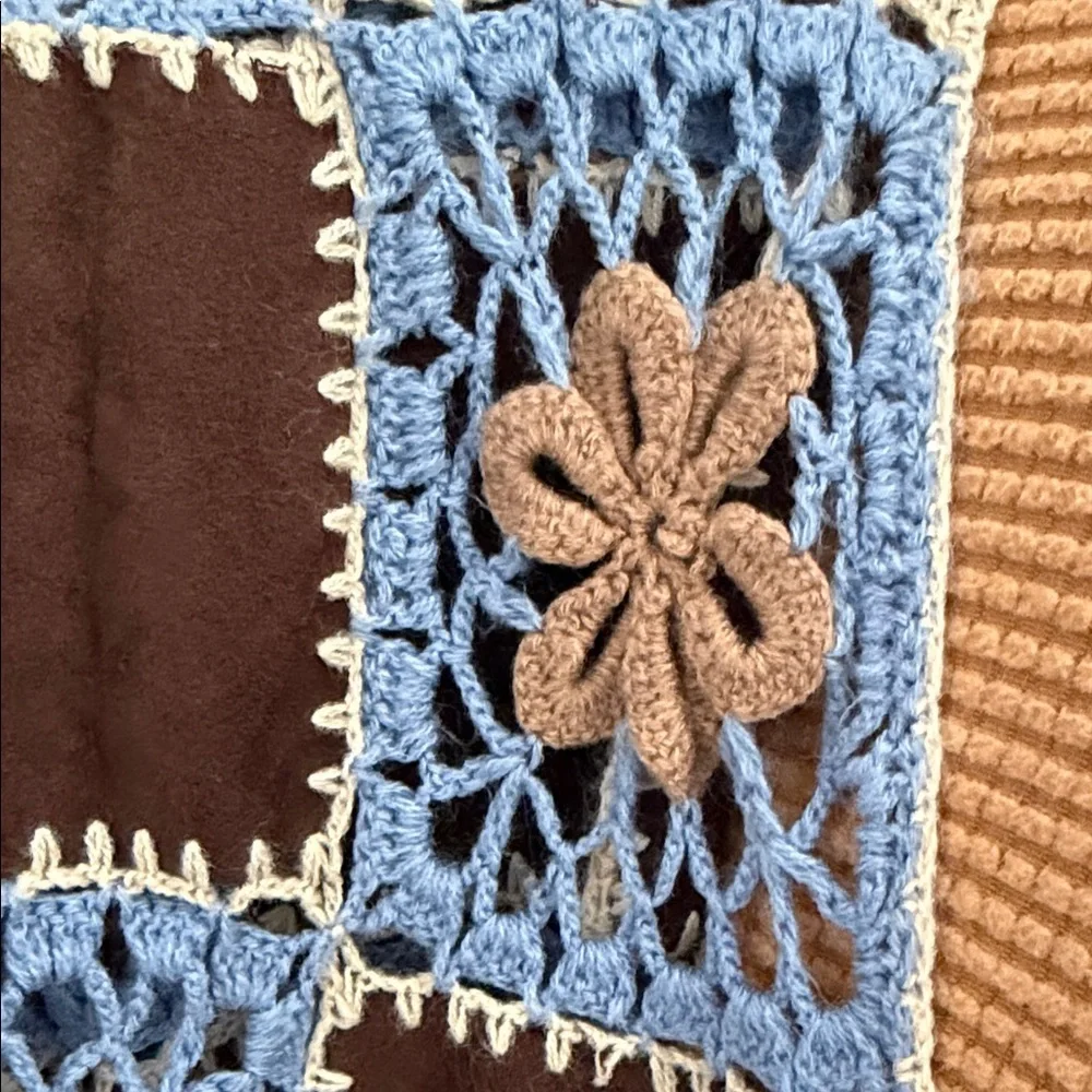 Crochet Patchwork Scarf in Blue and Brown
